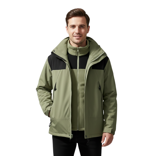 Mężczyzna stoi twarzą do przodu, uśmiechając się w Arkadia Outlet Kurtka Zimowa Męska Kapturowa Modułowa Odzież Regularny Krój przez zapinany top z czarnymi spodniami, jedną ręką w kieszeni, na jednolitym białym tle.