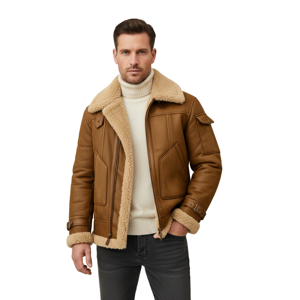 Mężczyzna stoi przodem do kierunku jazdy w brązowej Zimowej Kurtce Lotniczej Męskiej Wysoki Kołnierz Wykonanie od Arkadya Outlet, założonej na biały golf i ciemne dżinsy, z neutralnym wyrazem twarzy na białym tle.