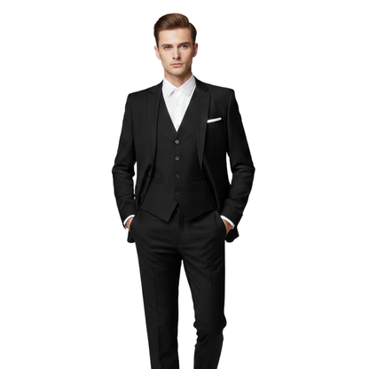 Mężczyzna modeluje Arkadya Outlet Garnitur trzyczęściowy męski krój slim formalny zestaw z białą koszulą i bez krawata, pozując z rękami w kieszeniach na jednolitym białym tle.