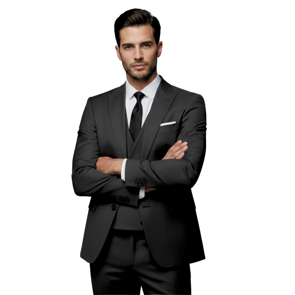 Mężczyzna nosi Garnitur Trzyczęściowy Męski Marynarka Kamizelka I Spodnie z Outletu Arkadya, stojąc pewnie ze skrzyżowanymi ramionami i patrząc w kamerę na prostym białym tle.