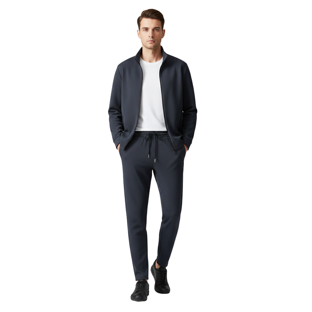 Mężczyzna stoi przodem do sklepu Arkadya Outlet Komplet dresowy męski dwuczęściowy zestaw z bluzą i spodniami. Ma na sobie białą koszulkę i czarne trampki, ręce w kieszeniach, krótkie brązowe włosy, na białym tle.