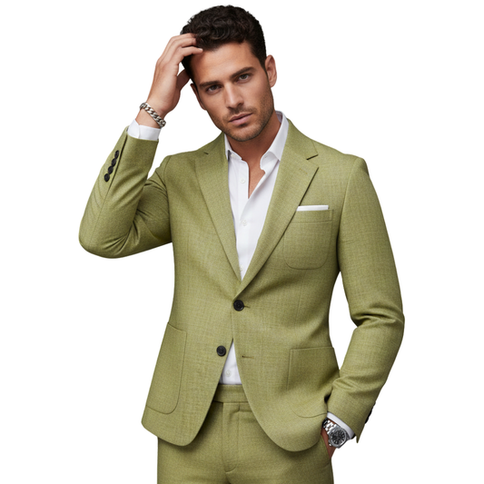 Mężczyzna modeluje Arkadya Outlet Komplet Dwuczęściowy Męski Spodnie Robocze i Górna Część, przybierając stylową pozę na białym tle i podkreślając ten nowoczesny zestaw odzieży roboczej eleganckimi dodatkami.