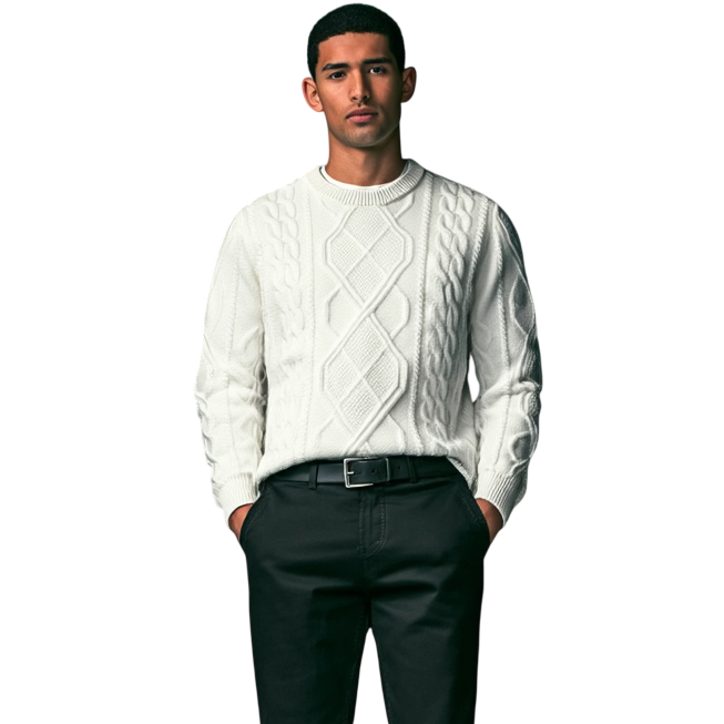 Mężczyzna stoi twarzą do przodu w męskim dekolcie Arkadya Outlet Sweter okrągły warkoczowy standardowy krój całoroczny, czarnych spodniach i czarnych butach na białym tle.