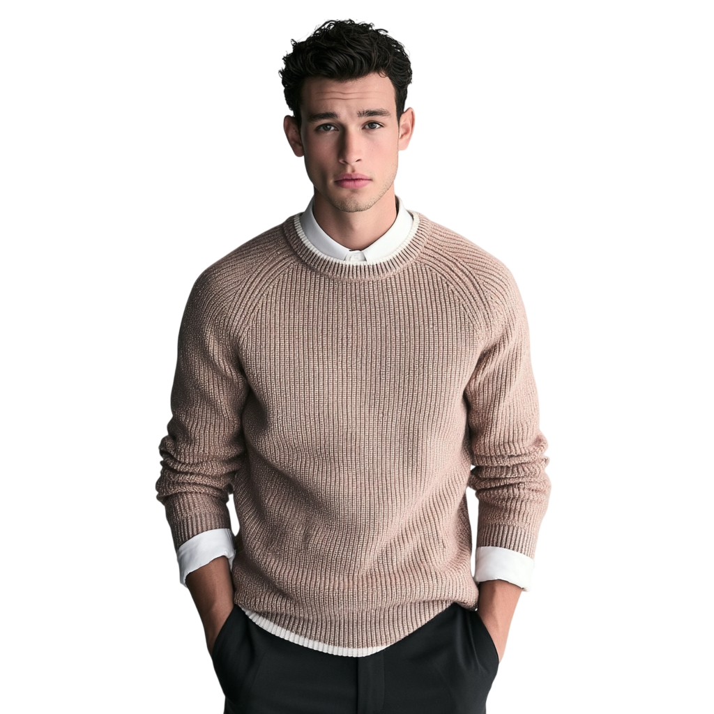 Młody mężczyzna o krótkich ciemnych włosach ma na sobie męski dekolt Arkadya Outlet okrągły prążkowana dzianina, standardowy krój, w kolorze beżowym na białej koszuli. Stoi na białym tle z rękami w kieszeniach i neutralnie patrzy w kamerę.