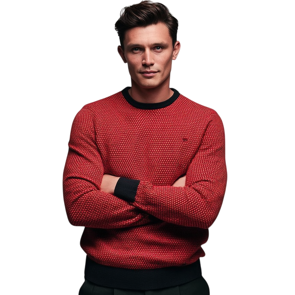 Czerwony męski sweter dzianinowy; widok z przodu na modelu.