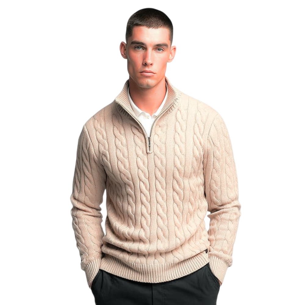 Beżowy męski sweter z dzianiny warkoczowej z kołnierzem i zamkiem 1/4, elegancki i ponadczasowy design
