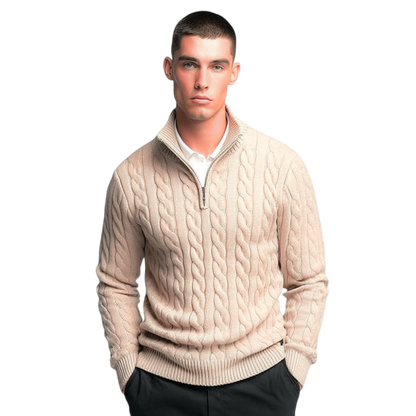 Beżowy męski sweter z dzianiny warkoczowej z kołnierzem i zamkiem 1/4, elegancki i ponadczasowy design