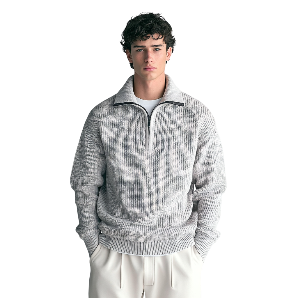 Jasnoszary męski sweter dzianinowy o luźnym kroju, kołnierz z zamkiem, miękka struktura, długi rękaw