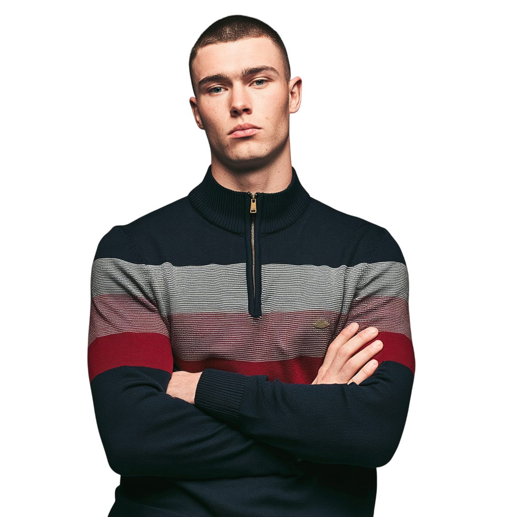 Granatowy męski sweter dzianinowy z zamkiem 1/4, poziome paski w kolorze bordowym i szarym, klasyczny fason
