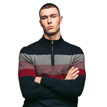Granatowy męski sweter dzianinowy z zamkiem 1/4, poziome paski w kolorze bordowym i szarym, klasyczny fason