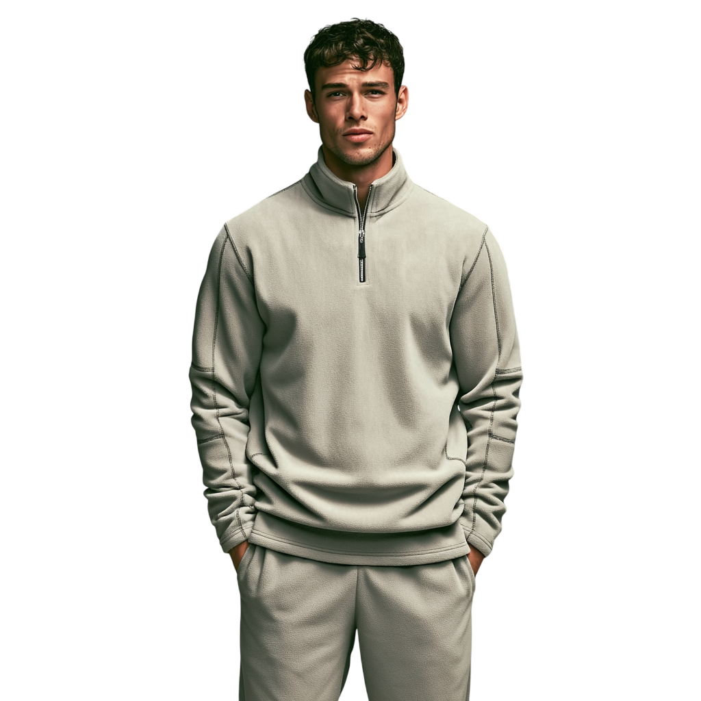 Męski polarowy sweter w kolorze taupe z zamkiem 1/4 i stójką, miękki materiał, długi rękaw, wygodny krój na co dzień
