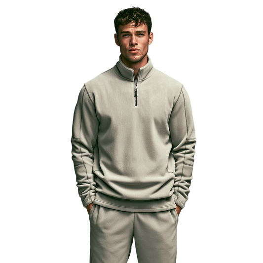 Męski polarowy sweter w kolorze taupe z zamkiem 1/4 i stójką, miękki materiał, długi rękaw, wygodny krój na co dzień