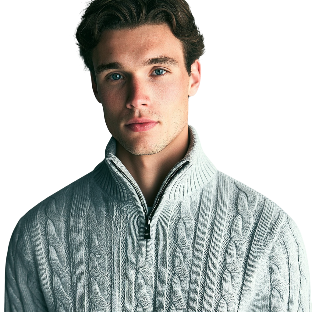 Szary męski sweter z dzianiny o wzorze warkoczowym, zamek 1/4, stójka i długi rękaw