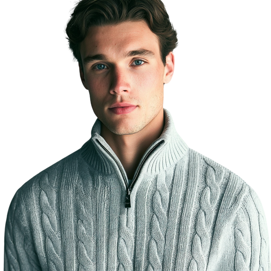 Szary męski sweter z dzianiny o wzorze warkoczowym, zamek 1/4, stójka i długi rękaw