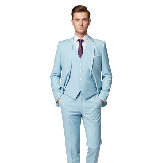 Mężczyzna w stroju Arkadya Outlet Komplet trzyczęściowy męski dopasowany zestaw odzieży w kolorze jasnoniebieskim, z białą koszulą i fioletowym krawatem, stoi z rękami w kieszeniach na białym tle.