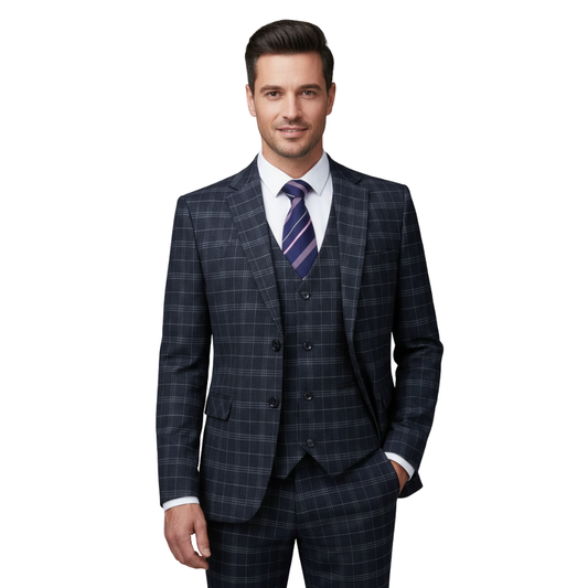 Mężczyzna nosi Arkadya Outlet Zestaw Garniturowy Męski Dwuczęściowy Slim Fit Formalny z białą koszulą i fioletowym krawatem w paski, stojąc na białym tle i uśmiechając się z jedną ręką w kieszeni.