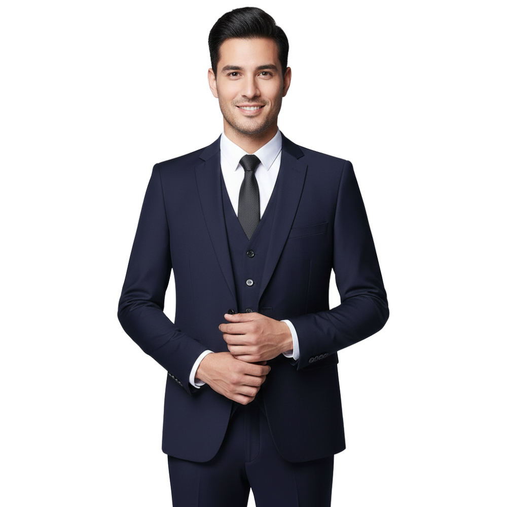 Młody mężczyzna w Arkadya Outlet Zestaw Garniturowy Męski Trzyczęściowy z Marynarką i Kamizelką, białej koszuli i czarnym krawacie stoi na białym tle, uśmiecha się i zapina marynarkę.