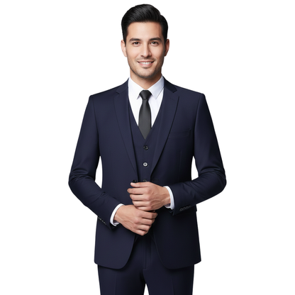 Młody mężczyzna w Arkadya Outlet Zestaw Garniturowy Męski Trzyczęściowy z Marynarką i Kamizelką, białej koszuli i czarnym krawacie stoi na białym tle, uśmiecha się i zapina marynarkę.