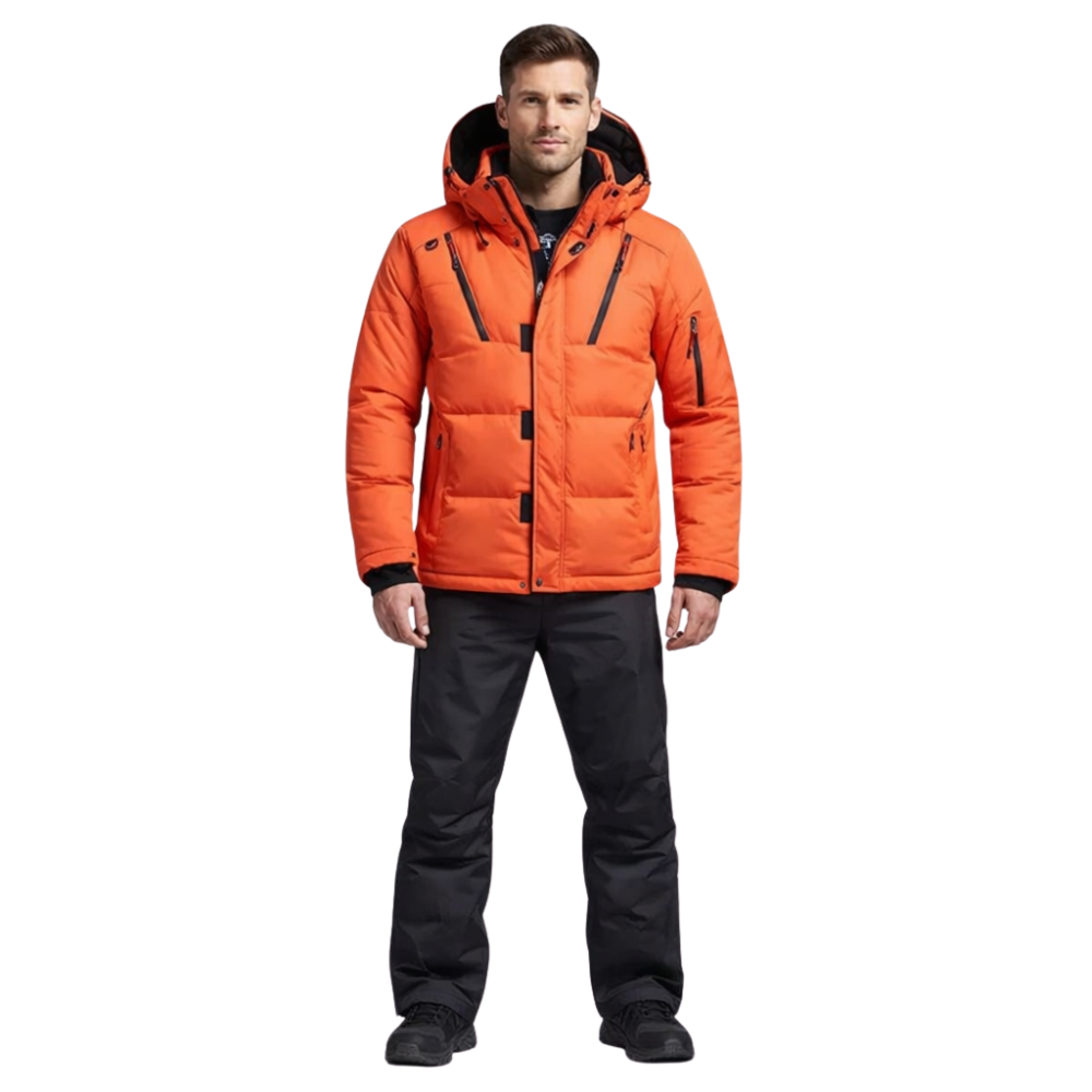Męski zestaw narciarski: kurtka z kapturem i spodnie; dostępny w różnych kolorach.