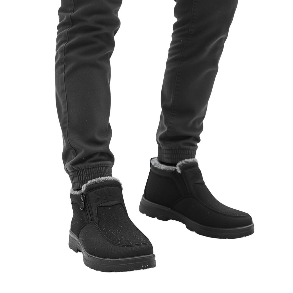 Osoba w ciemnych spodniach nosi Arkadya Outlet Męskie buty wodoodporne antypoślizgowe zimowe obuwie, stojąc na ośnieżonej ziemi z drzewami w tle.