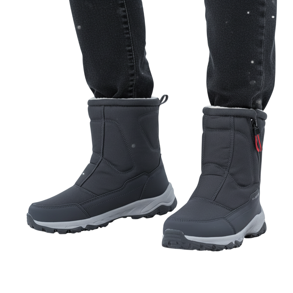 Osoba w ciemnych spodniach nosi Arkadya Outlet Męskie buty zimowe średnia wysokość wodoodporna izolacja, stojąc na drewnianej powierzchni na zewnątrz w śnieżnym krajobrazie z padającym śniegiem i drzewami w tle.