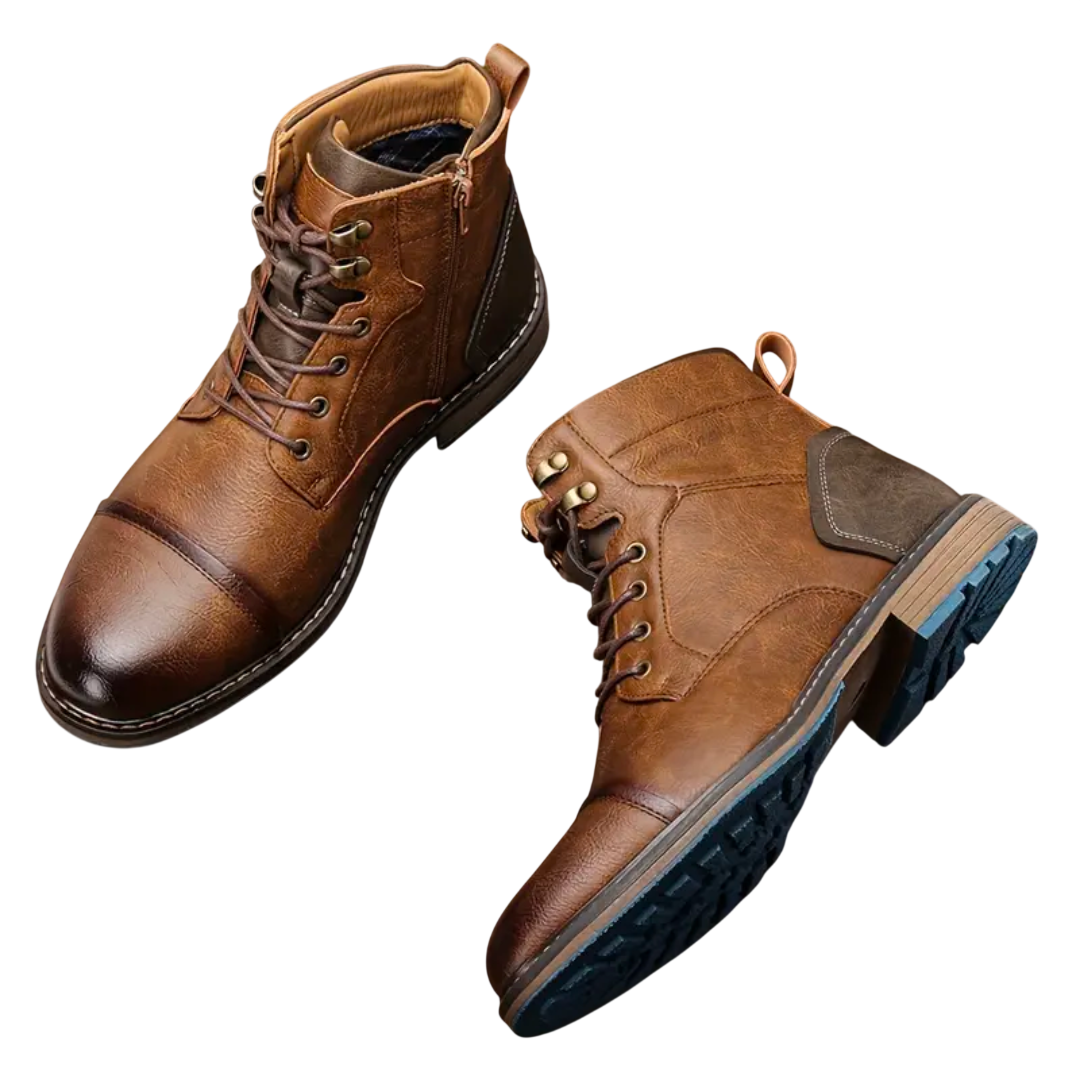 Arkadya Outlet Buty Zimowe Męskie Sznurowane z Bocznym Zamkiem na Chłód to brązowe skórzane buty męskie z ciemnobrązowymi noskami, chropowatą podeszwą i bocznym zamkiem błyskawicznym, pokazane na białym tle.