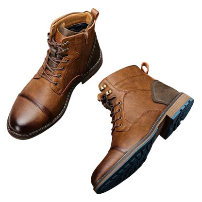 Arkadya Outlet Buty Zimowe Męskie Sznurowane z Bocznym Zamkiem na Chłód to brązowe skórzane buty męskie z ciemnobrązowymi noskami, chropowatą podeszwą i bocznym zamkiem błyskawicznym, pokazane na białym tle.