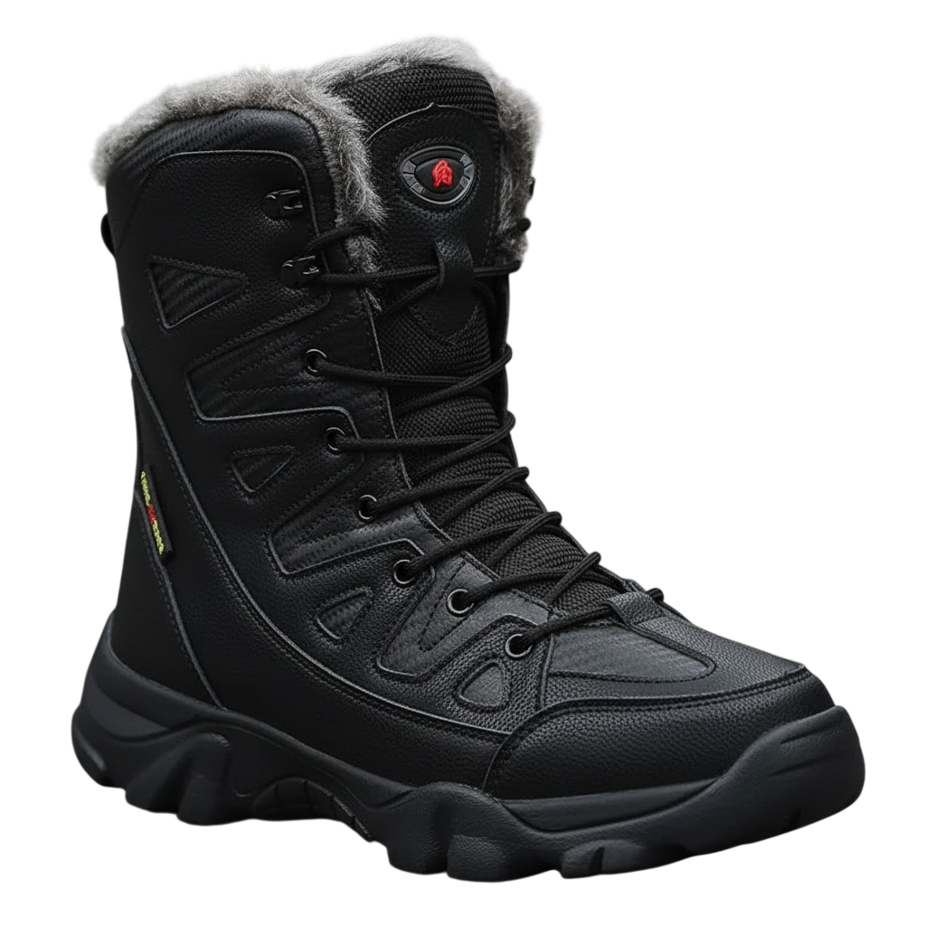 Arkadya Outlet Męskie buty zimowe wodoodporne ocieplane obuwie w kolorze czarnym z futerkiem przy kostce, ozdobnym przeszyciem i gumową, izolującą podeszwą zaprezentowane na szarej nawierzchni.