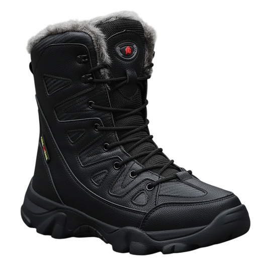 Arkadya Outlet Męskie buty zimowe wodoodporne ocieplane obuwie w kolorze czarnym z futerkiem przy kostce, ozdobnym przeszyciem i gumową, izolującą podeszwą zaprezentowane na szarej nawierzchni.