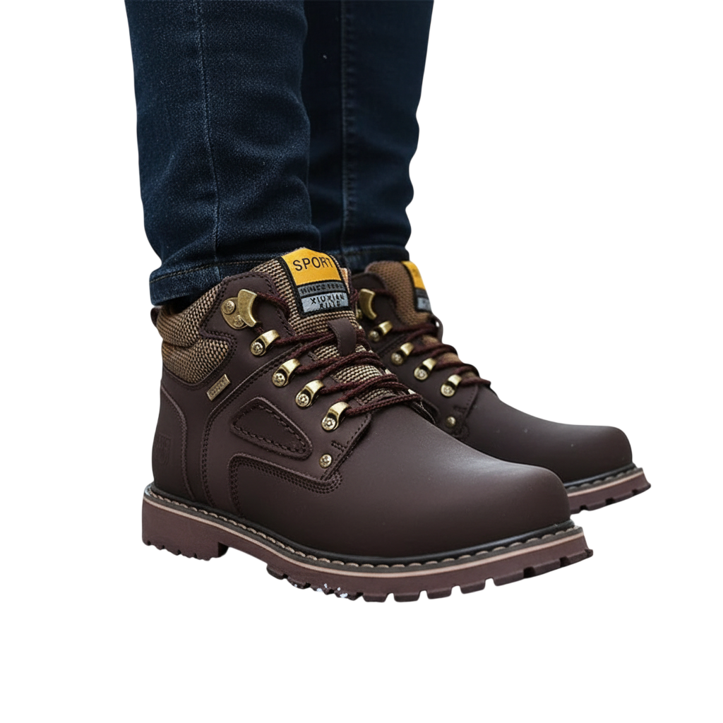 Osoba nosząca Arkadya Outlet Męskie buty zimowe wodoodporne ocieplane stoi w ciemnych dżinsach na ośnieżonej miejskiej brukowanej ulicy, z budynkami po obu stronach w tle.