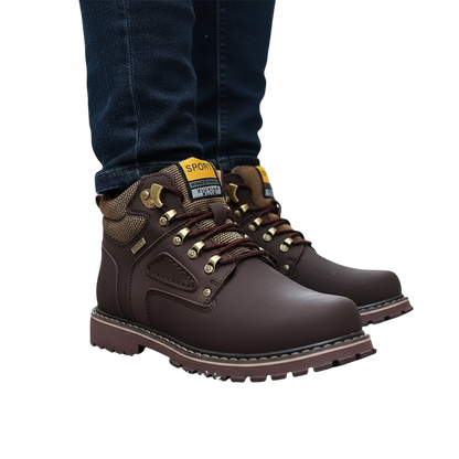 Osoba nosząca Arkadya Outlet Męskie buty zimowe wodoodporne ocieplane stoi w ciemnych dżinsach na ośnieżonej miejskiej brukowanej ulicy, z budynkami po obu stronach w tle.