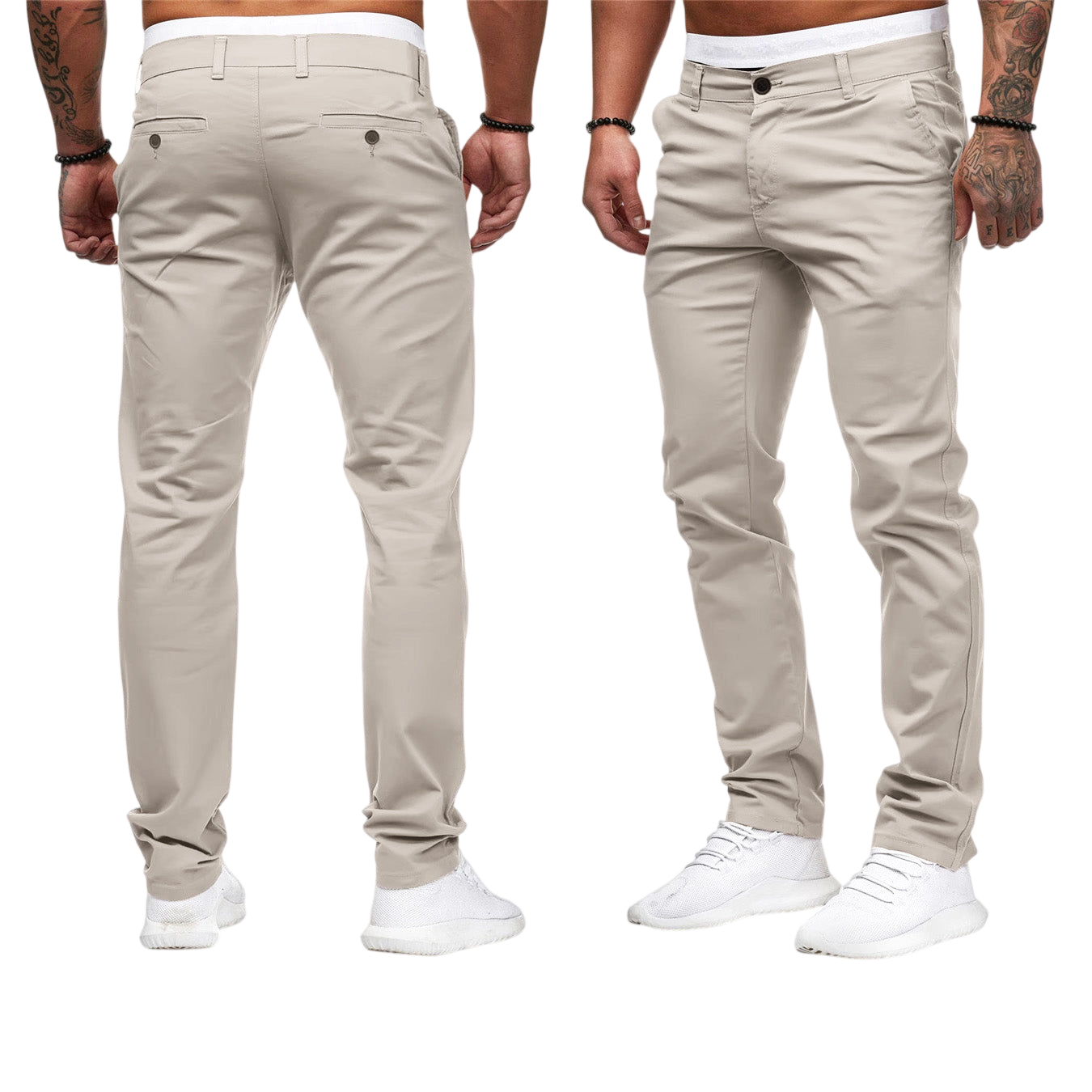 Dwóch mężczyzn modeluje spodnie Arkadya Outlet Męskie o wąskim kroju i prostej nogawce, stylizowane na białe trampki. Pokazani od tyłu i od przodu na szarym tle, obaj mają tatuaże i noszą czarne bransoletki z koralików.