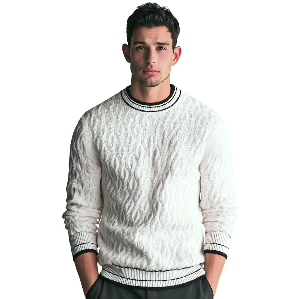 Młody mężczyzna o krótkich ciemnych włosach nosi męski dekolt Arkadya Outlet Sweter okrągły kontrastowa lamówka i stoi na prostym jasnym tle, patrząc bezpośrednio w kamerę z neutralnym wyrazem twarzy.