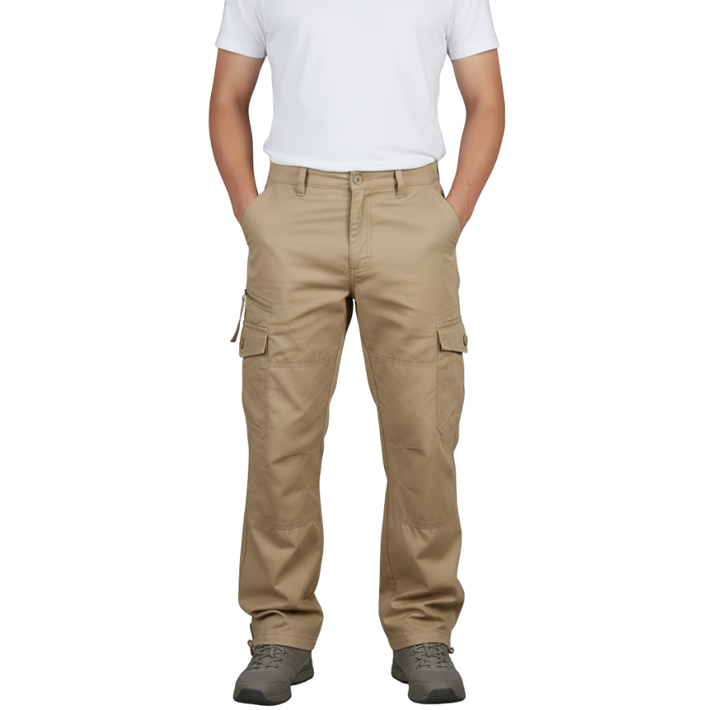 Osoba w białej koszuli z krótkim rękawem, szarych butach i Arkadya Outlet Spodnie cargo męskie prosta nogawka z kieszeniami i zamkiem stoi z rękami w kieszeniach na jednolitym białym tle.