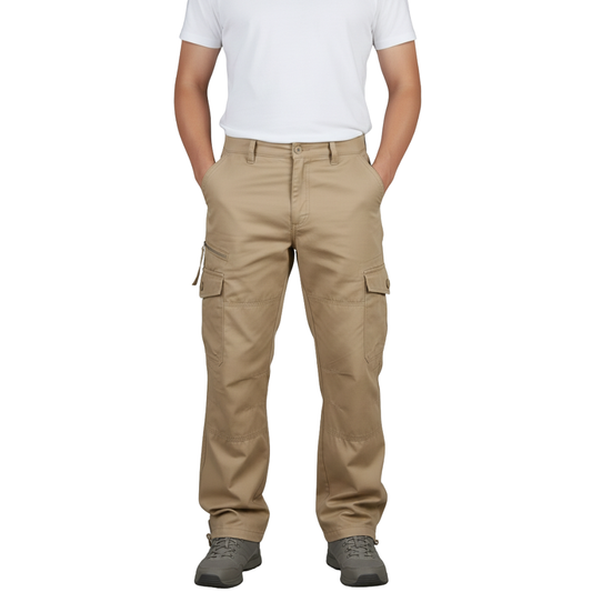 Osoba w białej koszuli z krótkim rękawem, szarych butach i Arkadya Outlet Spodnie cargo męskie prosta nogawka z kieszeniami i zamkiem stoi z rękami w kieszeniach na jednolitym białym tle.