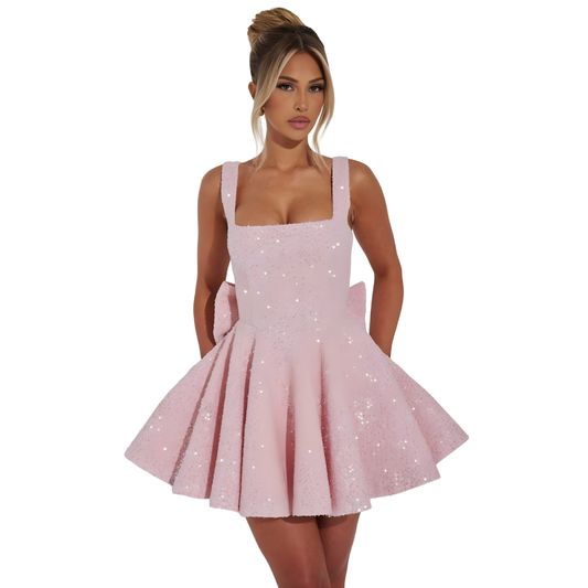 Sukienka Mini Damska Cekinowe Wykończenie Dopasowany Krój Imprezowa