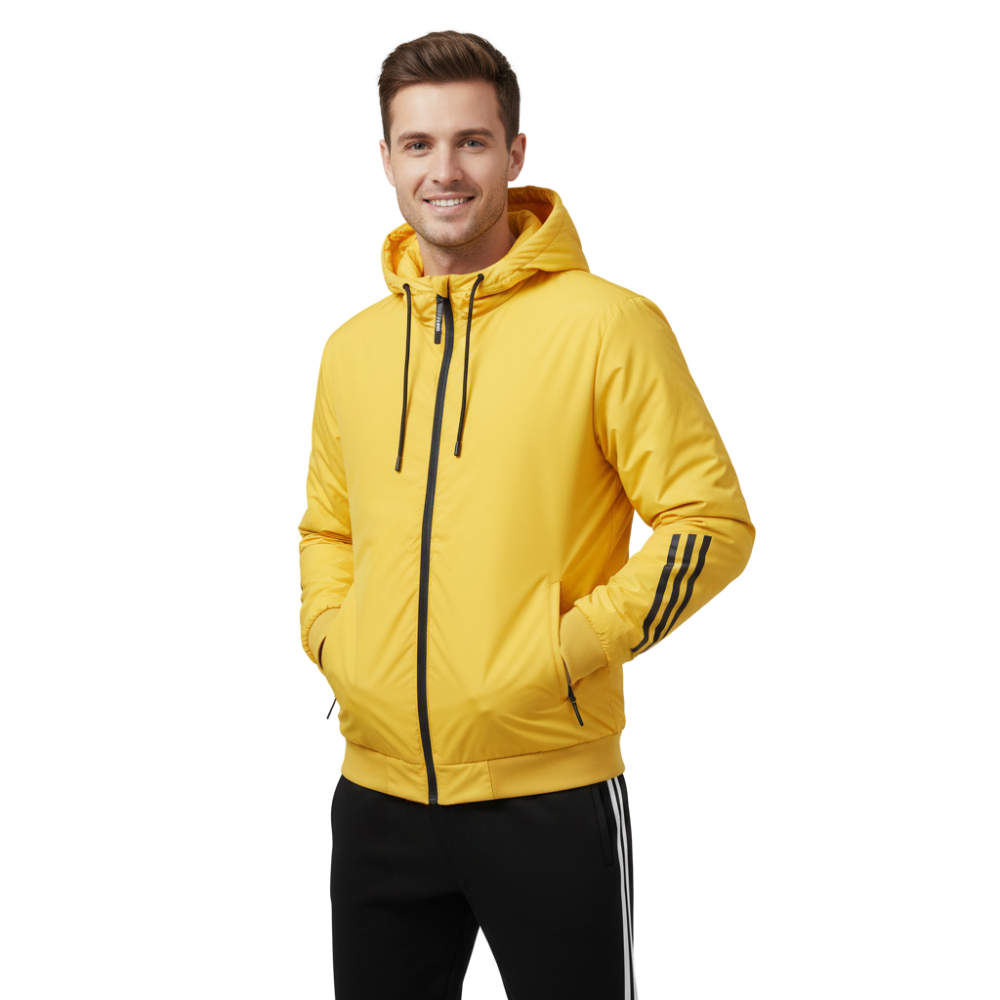 Uśmiechnięty mężczyzna stoi z rękami w kieszeniach na białym tle, ubrany w Arkadya Outlet męski zestaw dresowy dwuczęściowy komplet sportowy z bluzą-żółtą bluzą z kapturem z czarnymi ściągaczami i rękawami w paski, w połączeniu z czarnymi spodniami.