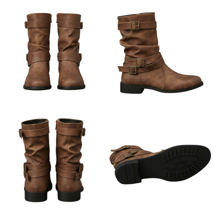 Botki zimowe damskie do łydki z paskiem i klamrą