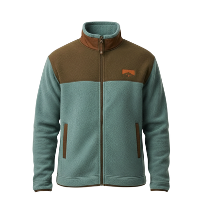 Kurtka Męska Prosty Krój marki Arkadya Outlet to jasnoniebiesko-brązowa kurtka polarowa z długimi rękawami, stójką, brązowymi akcentami i pomarańczowym logo górskim na piersi, pokazana na jednolitym jasnym tle.