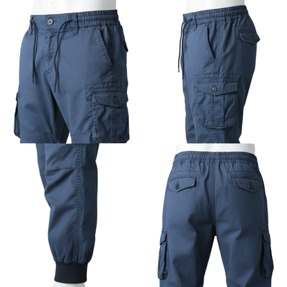 Arkadya Outlet Spodnie Cargo Męskie Kieszenie Na Zamek są pokazane z przodu, z boku i z tyłu. Posiadają zapinane na zamek kieszenie, elastyczny pas ze sznurkiem i prążkowane mankiety na kostkach.