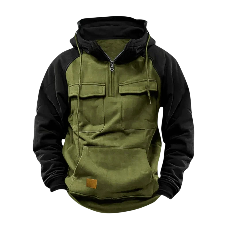 Arkadya Outlet Męska Bluza to zielono-czarna bluza z kapturem z zamkiem błyskawicznym z przodu, dwiema kieszeniami na piersi, długimi czarnymi rękawami i naszywką w pobliżu rąbka, przedstawiona na szarym tle.