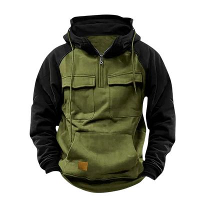 Arkadya Outlet Męska Bluza to zielono-czarna bluza z kapturem z zamkiem błyskawicznym z przodu, dwiema kieszeniami na piersi, długimi czarnymi rękawami i naszywką w pobliżu rąbka, przedstawiona na szarym tle.