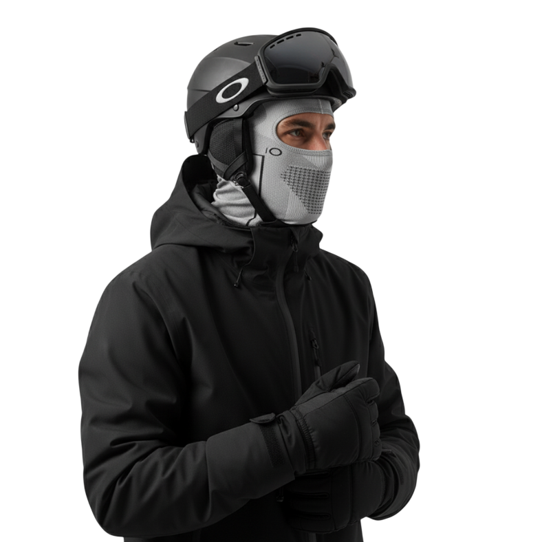 Osoba w czarnej odzieży zimowej, nosząca kask, gogle, rękawice i Arkadya Outlet Kominiarka męska osłona głowy i szyi do użytku zewnętrznego stoi na jednolitym jasnoszarym tle.