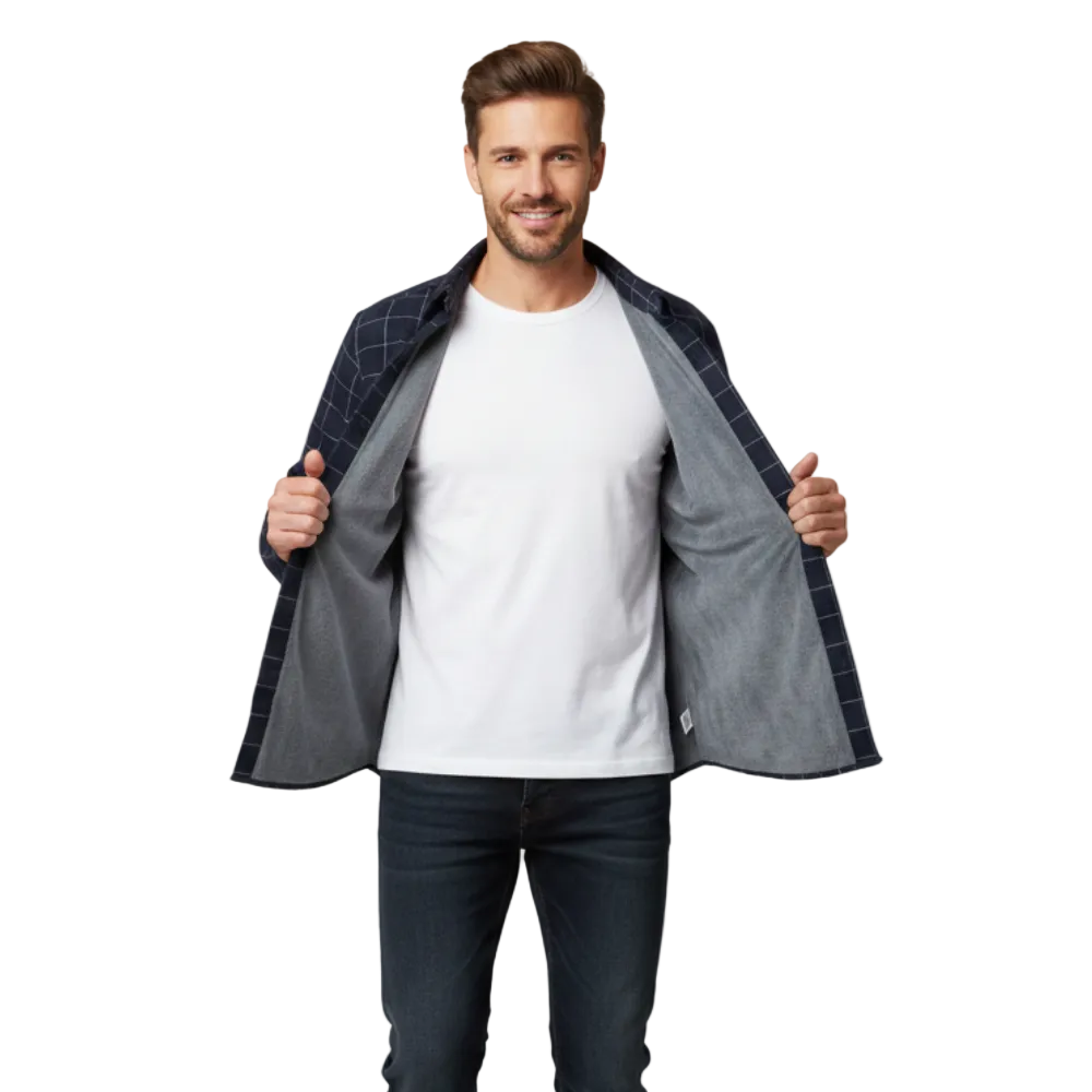 Mężczyzna z krótkimi brązowymi włosami i brodą uśmiecha się, gdy trzyma otwartą Arkadya Outlet koszula męska zapinana na guziki długi rękaw krój luźny, odsłaniając szarą wewnętrzną podszewkę. Ma na sobie białą koszulkę i ciemne dżinsy na białym tle.