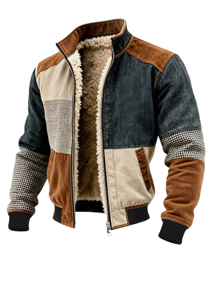 Kurtka męska Arkadya Outlet Zamek Z Przodu posiada panelowy, patchworkowy wzór w kolorze brązowym, beżowym, szarym i czarnym ze sztruksem, wełną i dżinsem oraz czarnymi mankietami i przytulną białą podszewką sherpa. Ocieplany fason; lekka konstrukcja.