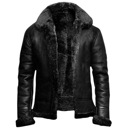 Arkadya Outlet Kurtka zimowa męska długi krój prosty przód konstrukcyjna forma to czarna kurtka shearling z grubą, rozmytą wewnętrzną podszewką i kołnierzem, pokazana w stanie otwartym na gładkim szarym tle - idealna do codziennego noszenia zimą.