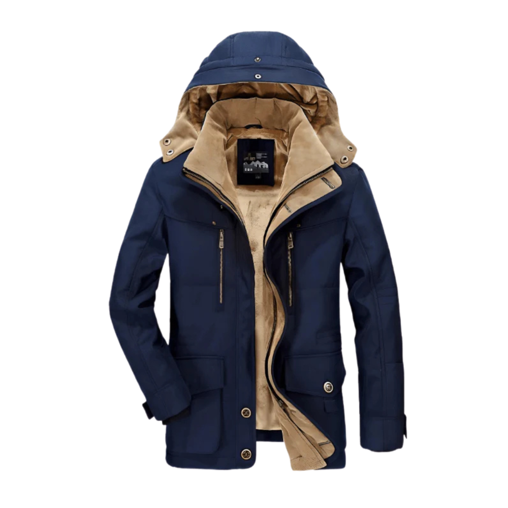 Kurtka Zimowa Męska z Kapturem i Kieszeniami Arkadya Outlet w kolorze granatowym, z beżową polarową podszewką, zamkiem błyskawicznym, napami oraz kieszenią na piersi i dwomama bocznymi. Produkt prezentowany na białym tle.