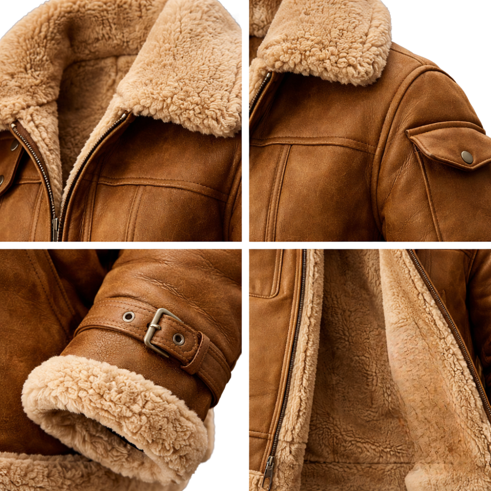 Zdjęcia zbliżeniowe kurtki Arkadya Outlet Zimowa Kurtka Lotnicza Męska Wysoki Kołnierz Wykonanie pokazują miękką podszewkę shearling w kolorze brązowym, szeroki wysoki kołnierz, przeszyte kieszenie, pasek na nadgarstek i zamek błyskawiczny z przodu.