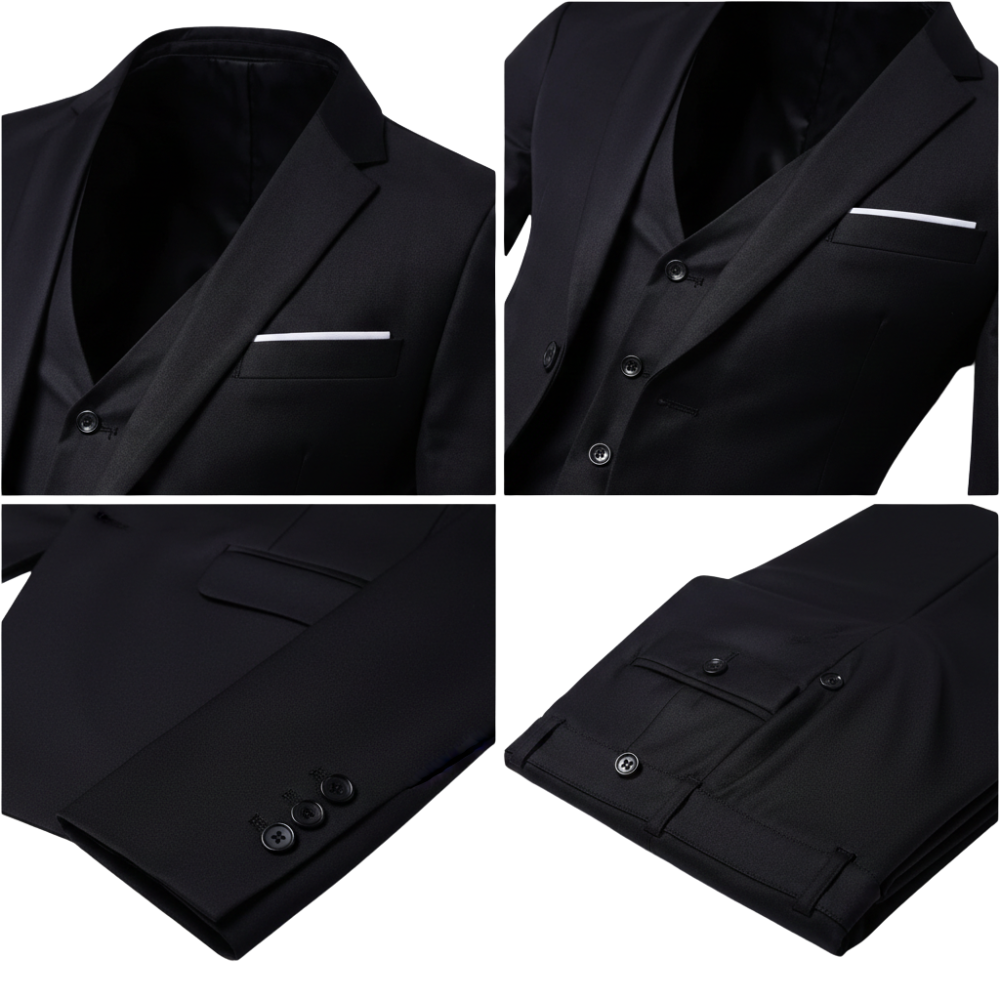 Kolaż czterech zbliżeń przedstawia szczegóły zestawu Arkadya Outlet Garnitur trzyczęściowy męski krój slim formalny: marynarka z białą poszetką, guziki z przodu, guziki na rękawach i dopasowana tylna kieszeń spodni.