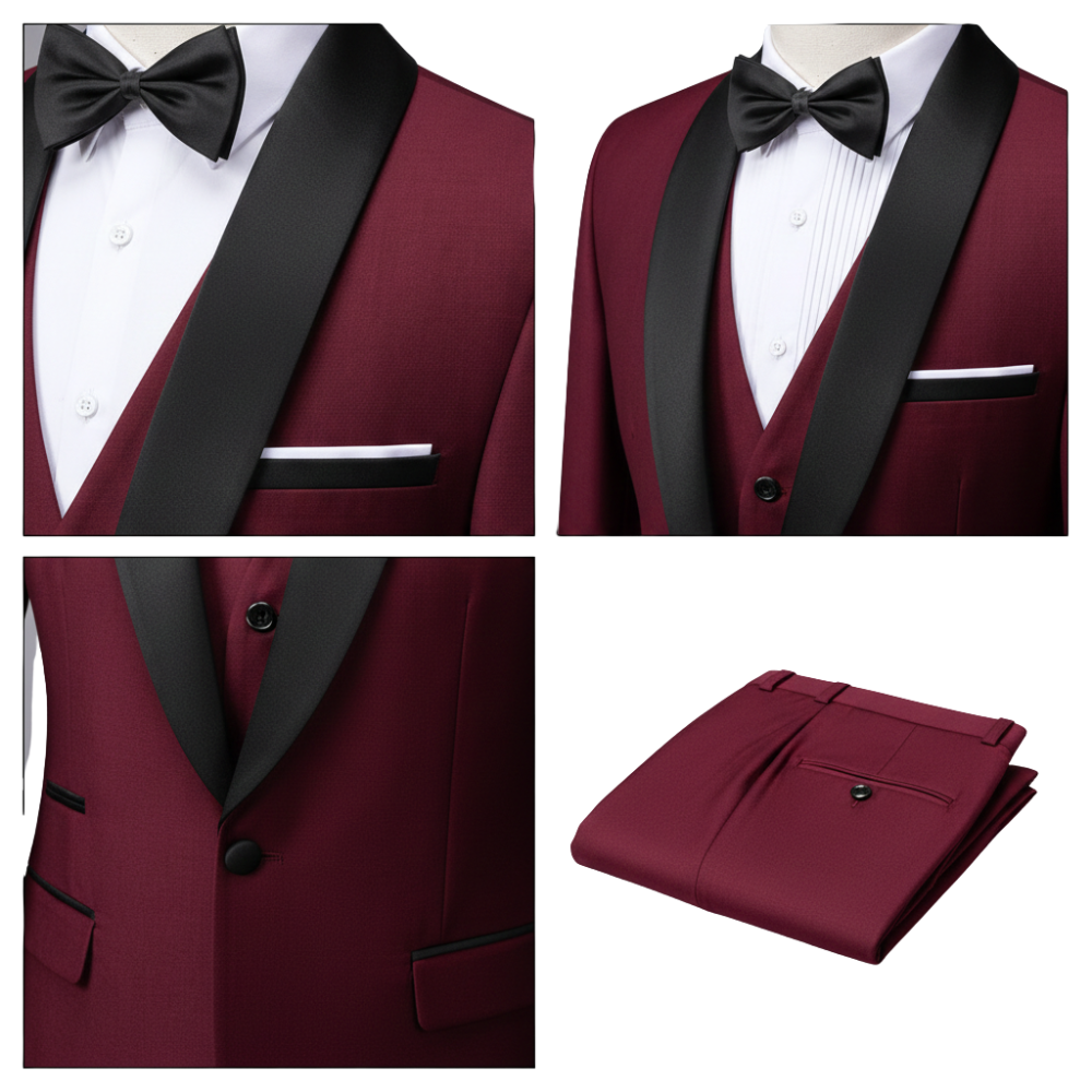 Kolaż przedstawia garnitur Arkadya Outlet męski trzyczęściowy z kołnierzem i kieszeniami w kolorze bordowym, stylizowany z czarnym satynowym kołnierzykiem, białą koszulą, czarną muszką i dopasowanymi spodniami, w tym zdjęcie starannie złożonego garnituru.